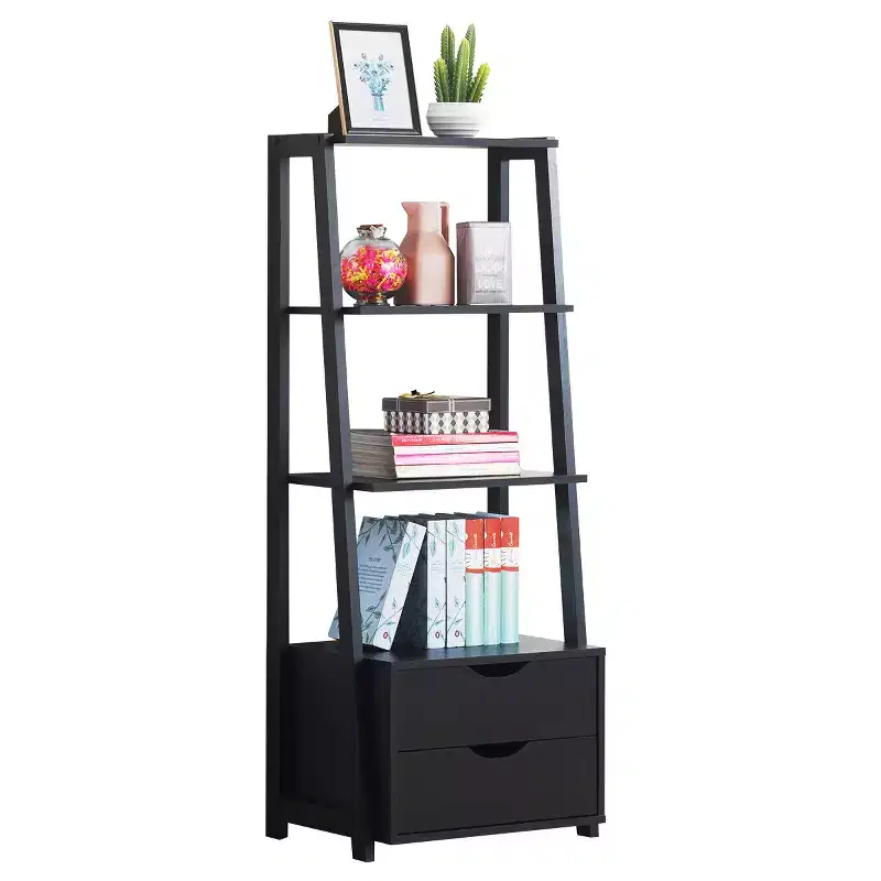 4-Tier Ladder Shelf Bookshelf Bookcase Storage Display Leaning With 2 Drawers