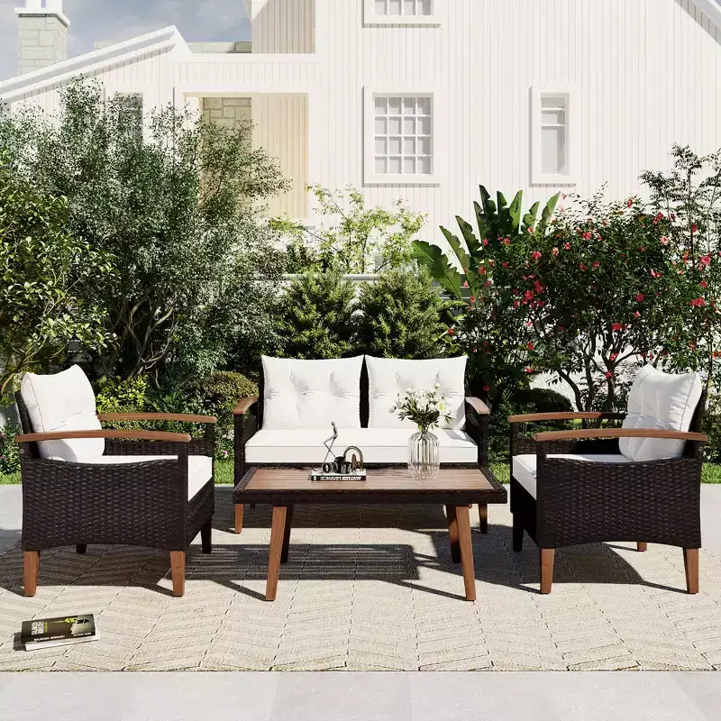 GDFStudio Amelia Patio Modern Farmhouse 4-Piece PE Rattan Modular Seating Set with Acacia Wood Coffee Table and Cushions
