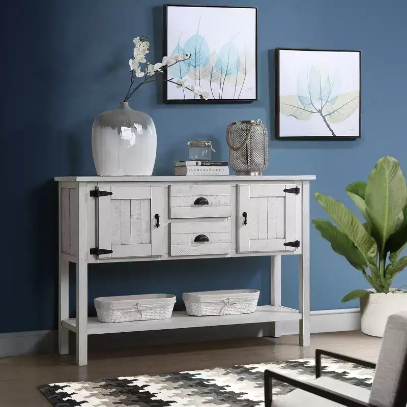 Hostack 48'' Solid Wood Console Table with 2 Drawers and Cabinets for Living and Dining Room, Antique White