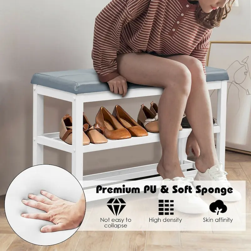 2-Tier Wooden Shoe Rack Bench with Padded Seat - 31x 16x 24(L x W x H)