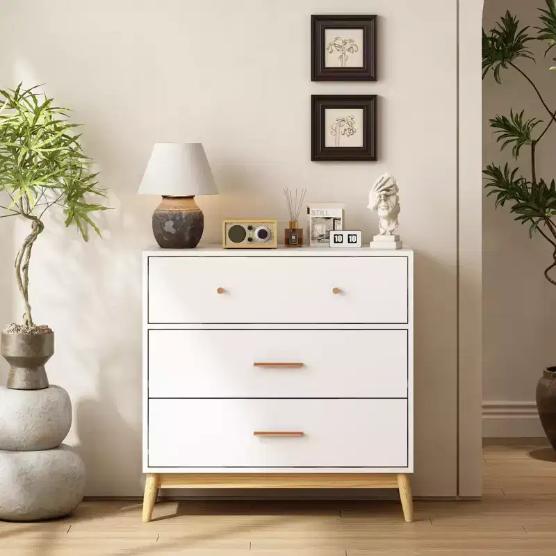 Nordic White 3-Drawer Storage Cabinet – Rose Gold Handles & Solid Wood Base