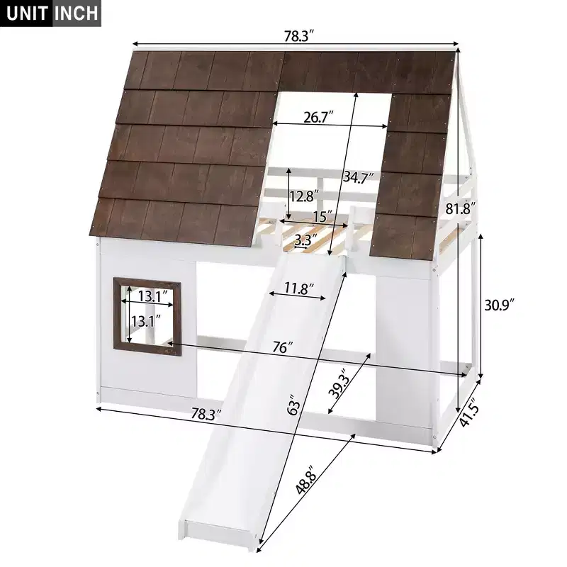Bunk Bed Frame with Roof, Window, Guardrails & Built-in Ladder(Upgraded) - White & Brown