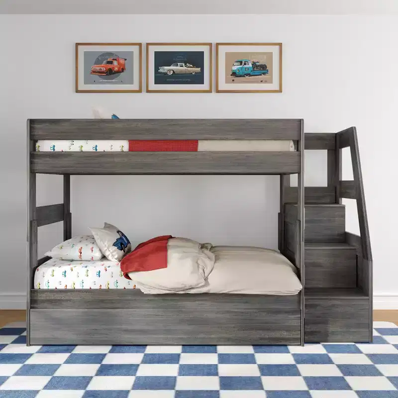 Modern Farmhouse Twin Over Twin Bunk Bed With Staircase and Trundle