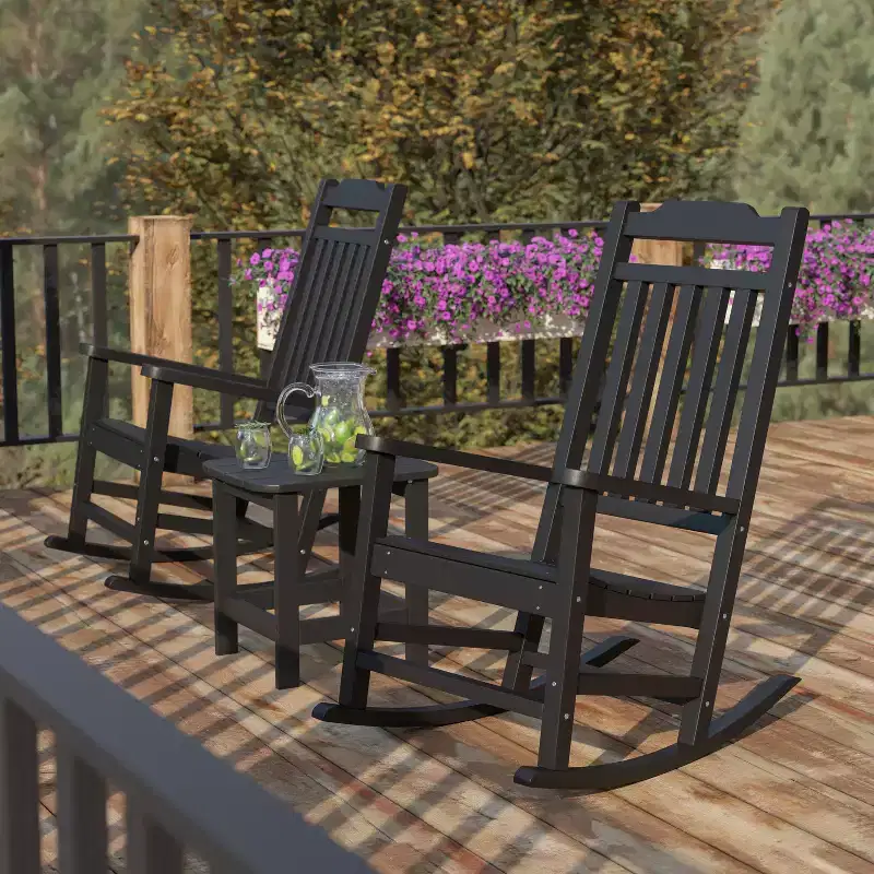Flash Furniture Set of 2 Winston All-Weather Poly Resin Rocking Chairs with Accent Side Table