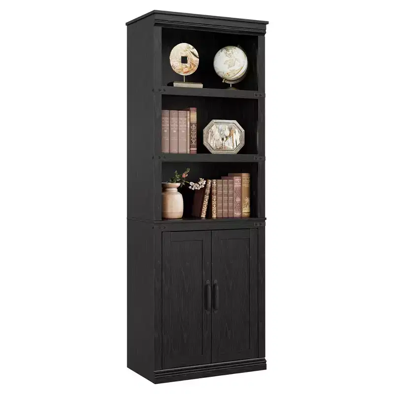 GustoWave 5 Tier Book Shelf, Farmhouse Book Case with Cabinet, 68.7 Tall Book Shelf with Storage Doors, Wooden 5 Shelf Book Case for Home Office