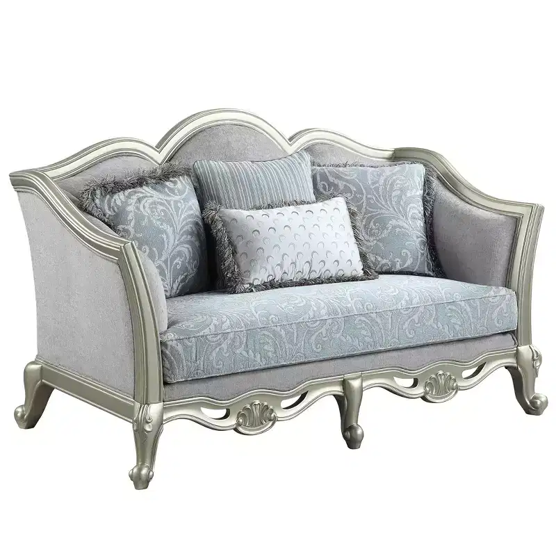 66 Qunsia Sofa Light Gray Linen & Champagne Finish - Acme Furniture: Leather Upholstery, Wood Frame, No Assembly Required