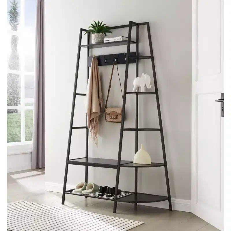 Hall Tree with Storage Bench, Shoe Shelf, 4 Hooks and Coat Rack Stand, Metal Frame, Pewter