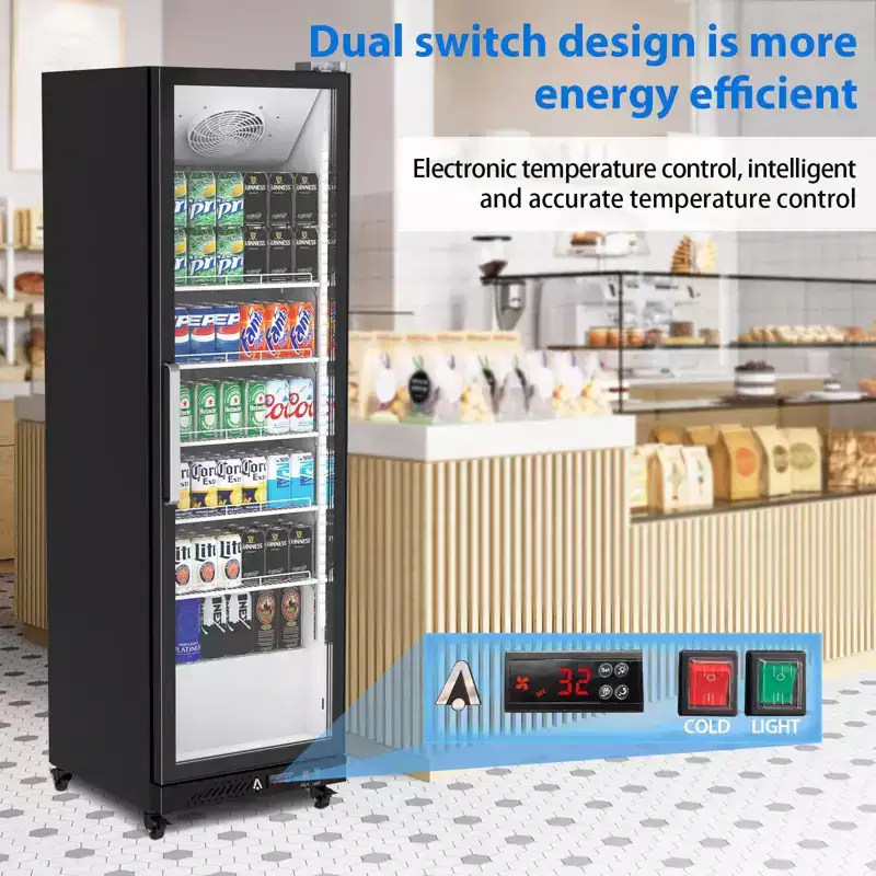 Beverage Cooler - 12.4 Cu Ft Upright Display Fridge with Reinforced Glass Door, Adjustable Shelves & Drink Organizers