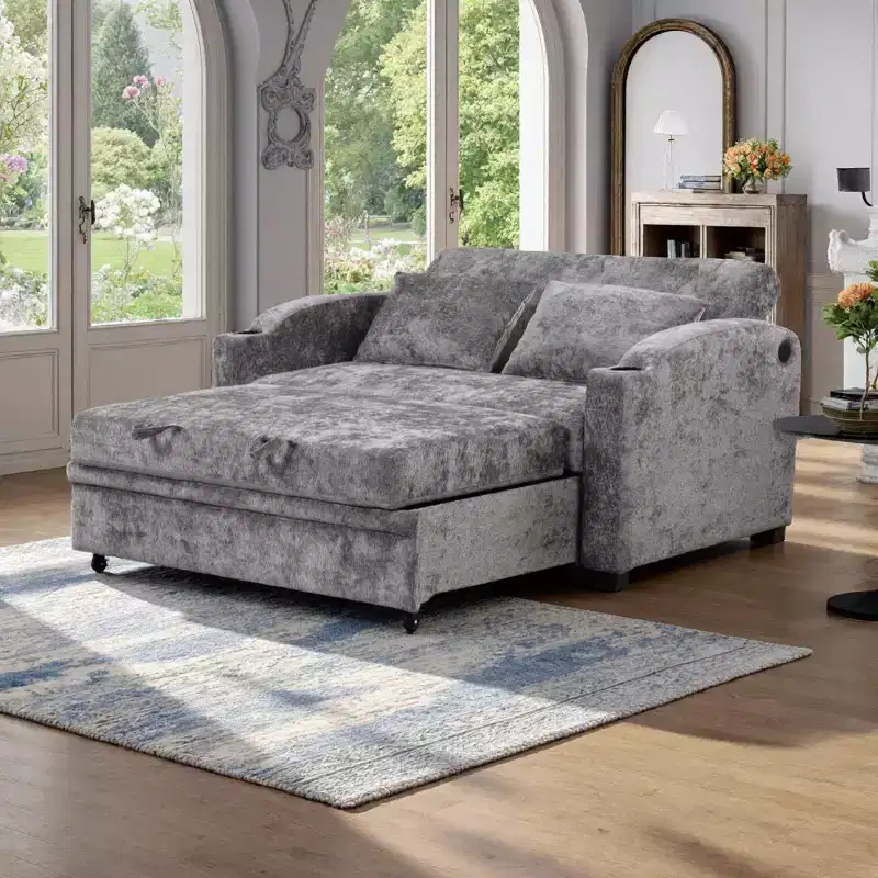 Convertible Sofa Bed with USB, Cup Holders & Adjustable Backrest