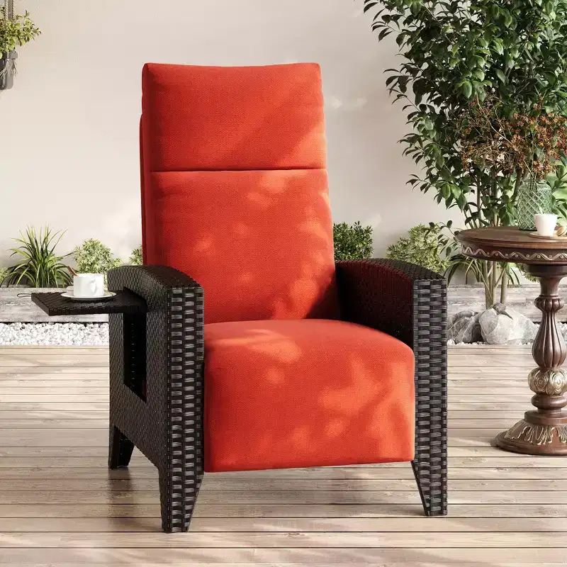 Wicker Recliner Chair with Adjustable Back & Footrest,150 Lay Flat Rattan Reclining Patio Chair with Extendable Side Table & Air Pump