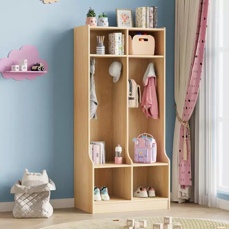 Brown / White 2-Section Cubby Storage Locker with 4 Hooks, for 1 Person
