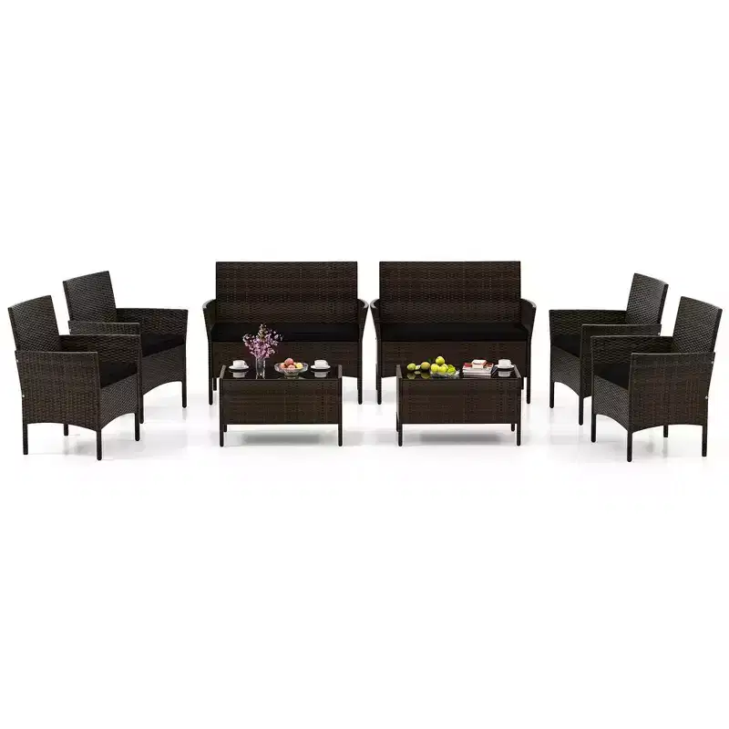 Costway 8 PCS Patio Furniture Set with Washable Cushions and Tempered Glass Coffee Table Black/Grey/Navy/Turquoise/Red/Blue/Orange