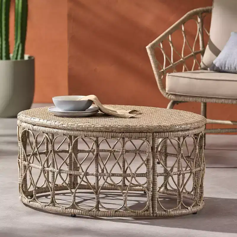 Coffee Table, Accent Round Side Table with Wicker Weave Top, Patio Rattan Sofa Table with Looped Design for Garden, Backyard
