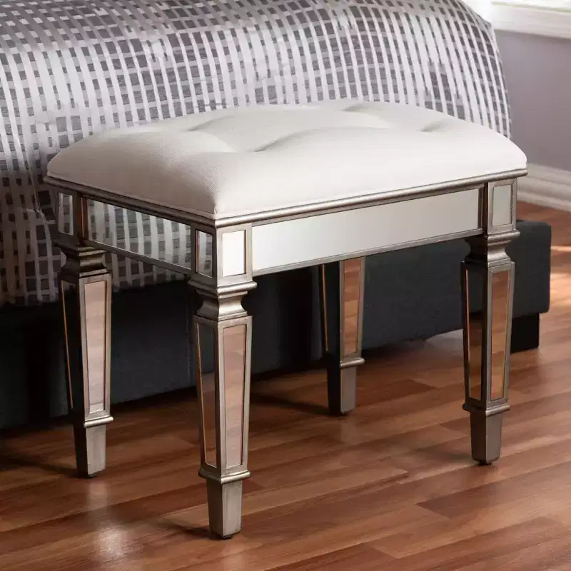 Marielle Fabric Upholstered Mirrored Ottoman Vanity Bench White - BaxtonStudio