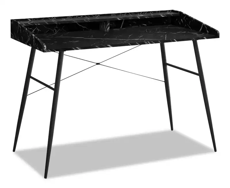 47.25 Office Desk with Small Hutch - Black Marble-Look