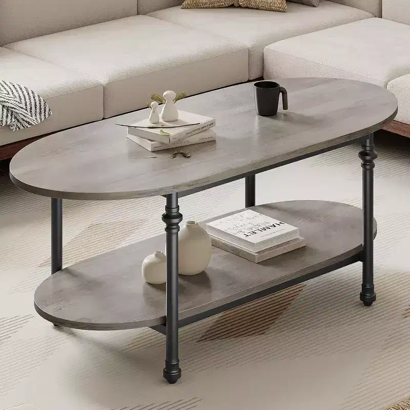 Coffee Table, 2 Tier Wood Oval Coffee Table with Roman Column Metal Legs and Open Shelf, Industrail Center Table Cocktail Tea Table