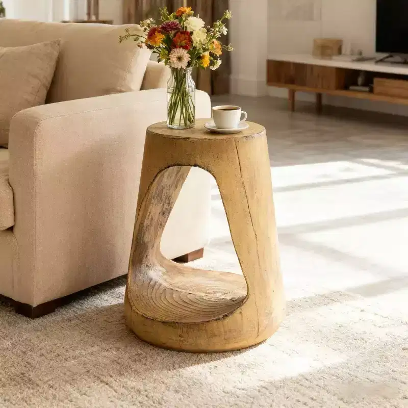 Homy Casa Natural Solid Wood End Table with Open Shelf, Rustic Oak