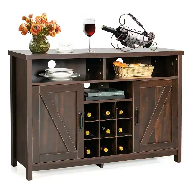 Farmhouse Buffet Storage Cabinet Sideboard with 9-Bottle Wine Rack & 2 Doors