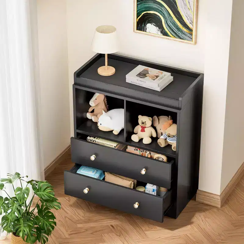Baby Changing Table, Changing Tablewith Pad, 2 Drawers and 2 Open Compartments for Nursery Room with Modern White Diaper Changing Station, Bedroom