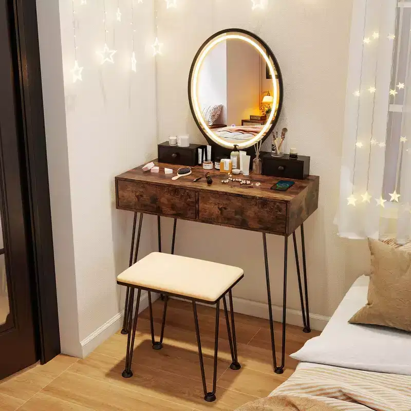 Costway Industrial Vanity Makeup Dressing Table Padded Stool Set 3-Color Lighted Mirror
