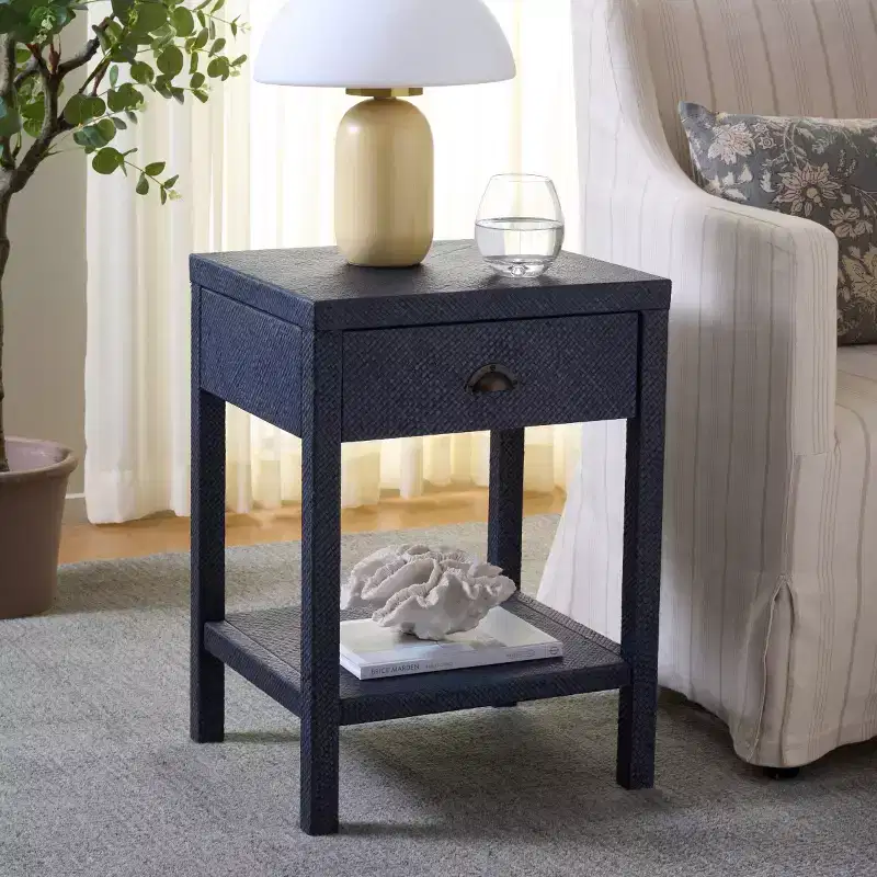 1-Drawer 1-Shelf Water Hyacinth Accent Table, Natural Finish, 16.94 lbs Capacity