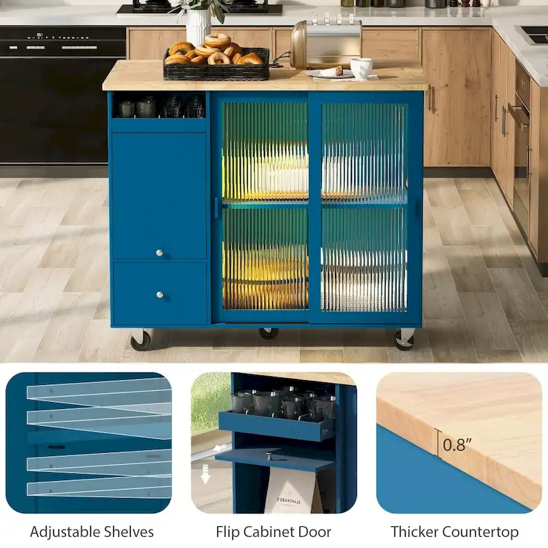 LED Light Kitchen Cart with Drop Leaf and Adjustable Shelf