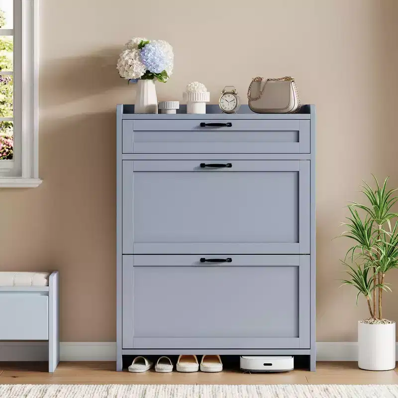 Shoe Cabinet, Shoe Storage Cabinet  High-Gloss Painted Wood with 2 Flip Drawers & 1 Top Drawer, Adjustable Shelves, Freestanding Hidden Organizer
