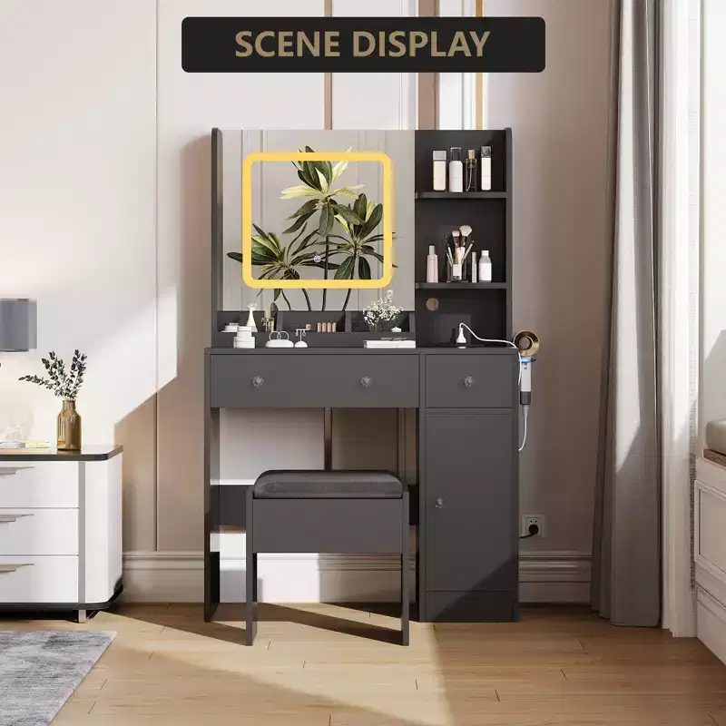 Vanity table with mirror, featuring a charging station, 3 drawers, 3 open shelves, and a cabinet. Ideal for bedrooms and makeup studios.