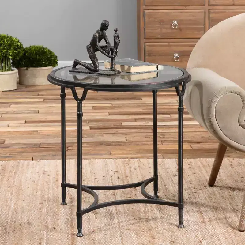 Modern Steel Round Accent Side End Table 24 1/2 Wide Aged Black Clear Glass Tabletop For Living Room Bedroom Entryway