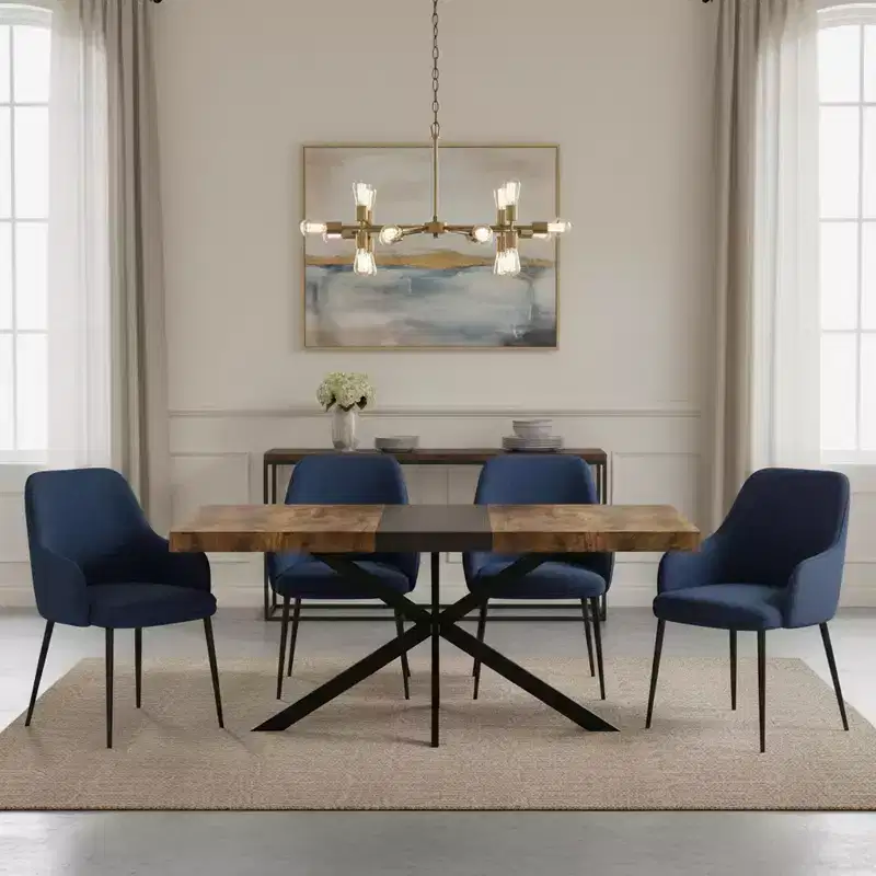 Extendable Rectangular Dining Table with Contrast Panel and Metal Base