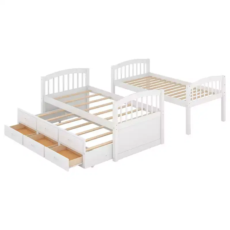 Wood Twin over Twin Bunk Bed with Ladder, Trundle & Drawers