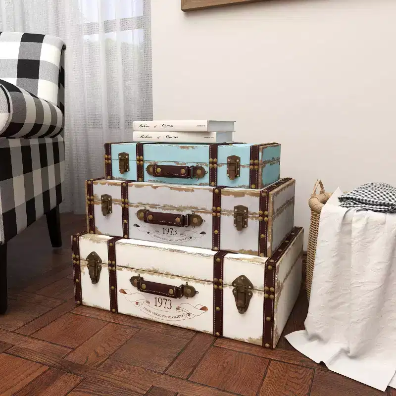 Set of 3 Farmhouse Distressed Wood Rectangular Trunks Natural - Olivia & May: Polyurethane Finish, No Assembly Required