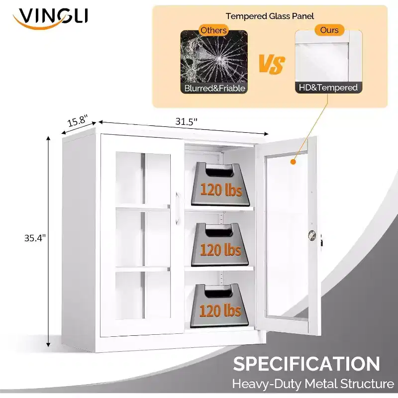 VINGLI Lockable Display Cabinet with Glass Door & 3 Shelves, 35.5 H Metal Storage Cabinet Curio Liquor, Bookshelf Bookcase