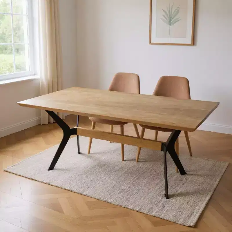 79 Brown and Red Wood and Metal Trestle Base Dining Table