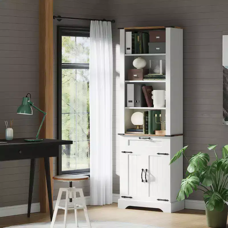 72'' Farmhouse Bookshelf with Storage Cabinet, Floor Standing Book Storage Rack with Adjustable Shelf for Home Office Living Room, White
