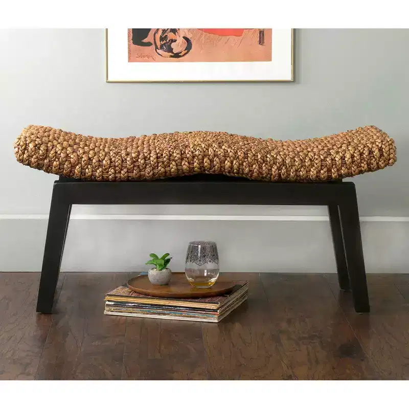 East At Main Myra Hyacinth Bench Brown: Rattan Entryway Ottoman, Narrow, Solid Wood Frame