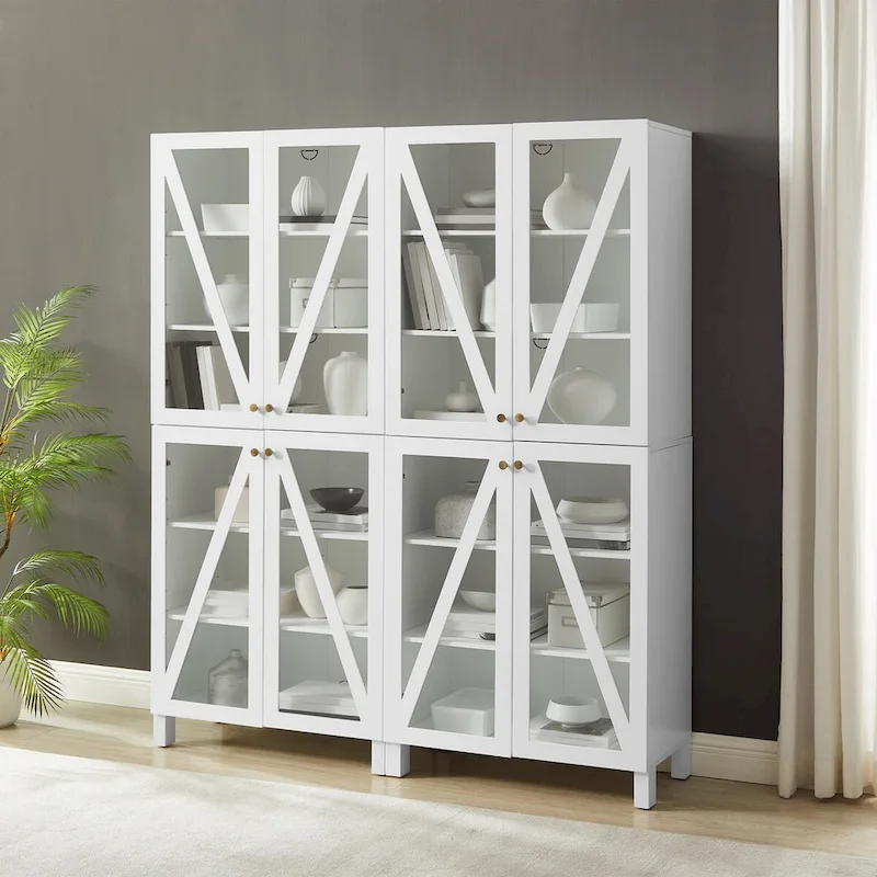 2-Piece Tall Storage Pantry Set with Glass Doors, Modern Farmhouse Style, White