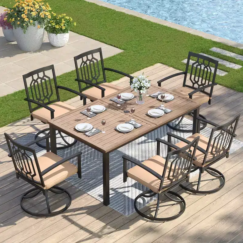 Captiva Designs 7pc Patio Dining Driftwood Finished Rectangle Steel Table & Metal Arm Chairs