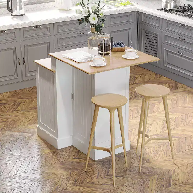 Kitchen Island with Storage Cabinet and 2-Level Rubberwood Tabletop, Adjustable Shelves and Drawers, White