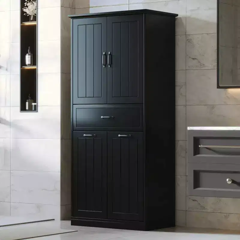 65 Tall Bathroom Storage Cabinet, Double Tilt Out Hidden Laundry Hamper, Freestanding Floor Storage Cabinet for Bathroom Kitchen Living Room