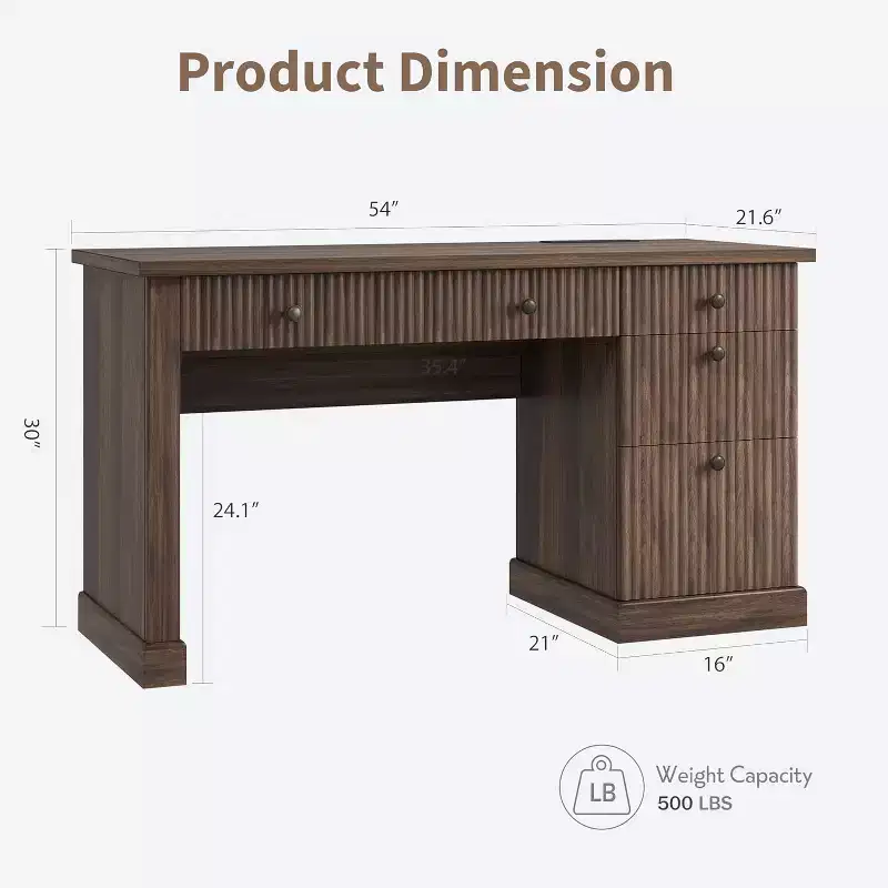 Home Desk Storage with Recesses, 54 Inch Modern Executive Desk, Wooden Writing Desk with File Drawer for Study Room