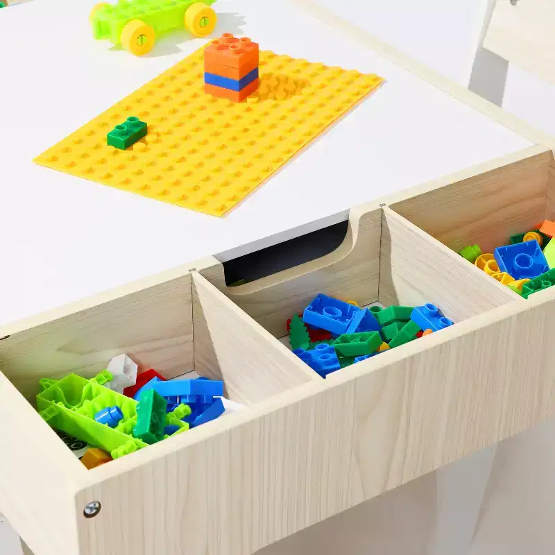 LuxenHome Drawing and Activity Board Children Table with 2 Chairs Set Brown