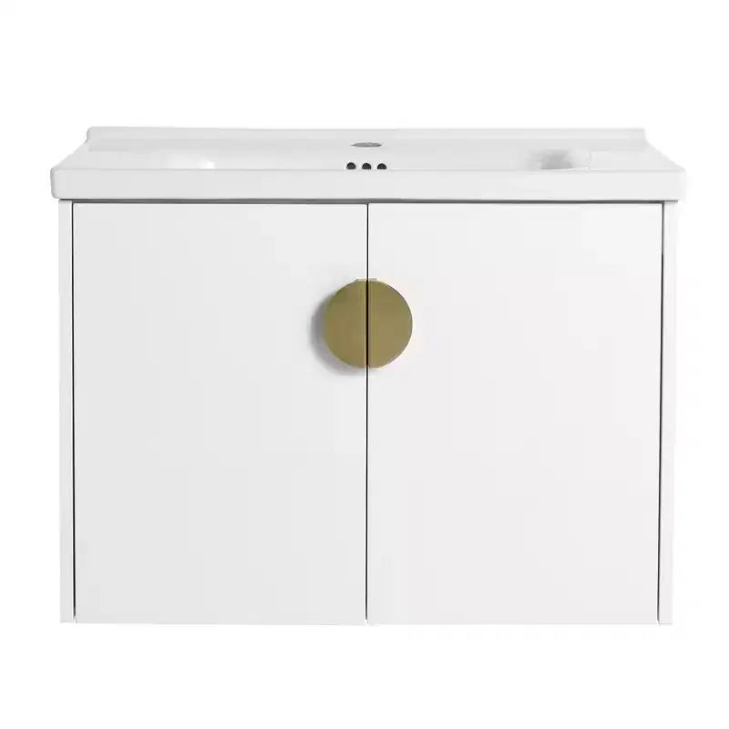Modern bathroom vanity with ceramic sink, soft-close doors, and scratch-resistant glossy white finish.
