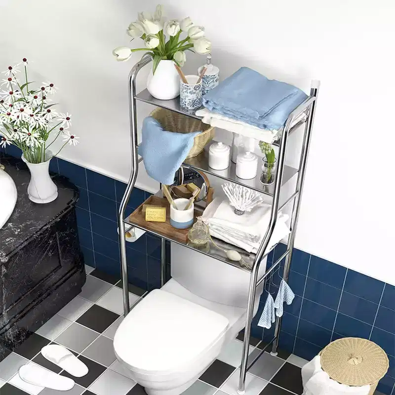 Over The Toilet Storage Cabinet, Metal Bathroom Organizer with Paper Holder & Hooks, No Drill Floor Standing, Space Saver, White