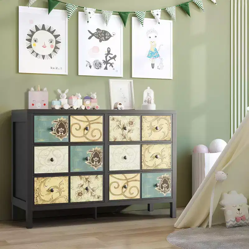 6 Drawer Dresser for Bedroom, Wooden Chest of Drawers, Retro Floral Pattern Dresser, Farmhouse Dressers for Bedroom, Living Room, Hallway, Entryway