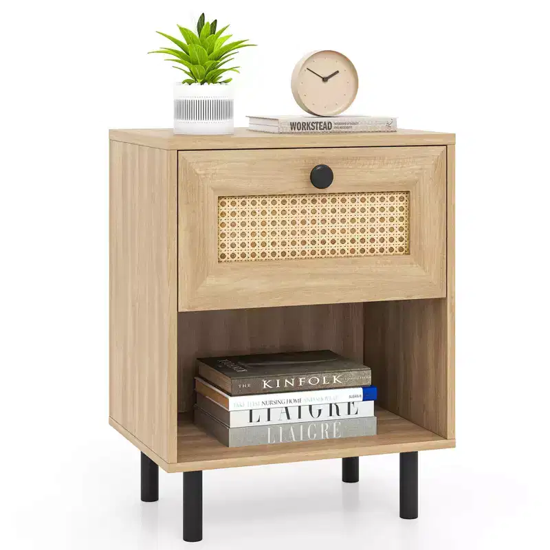 Costway 1/2 PCS Rattan Nightstand Boho End Table with Drawer & Open Shelf for Living Room White/Natural