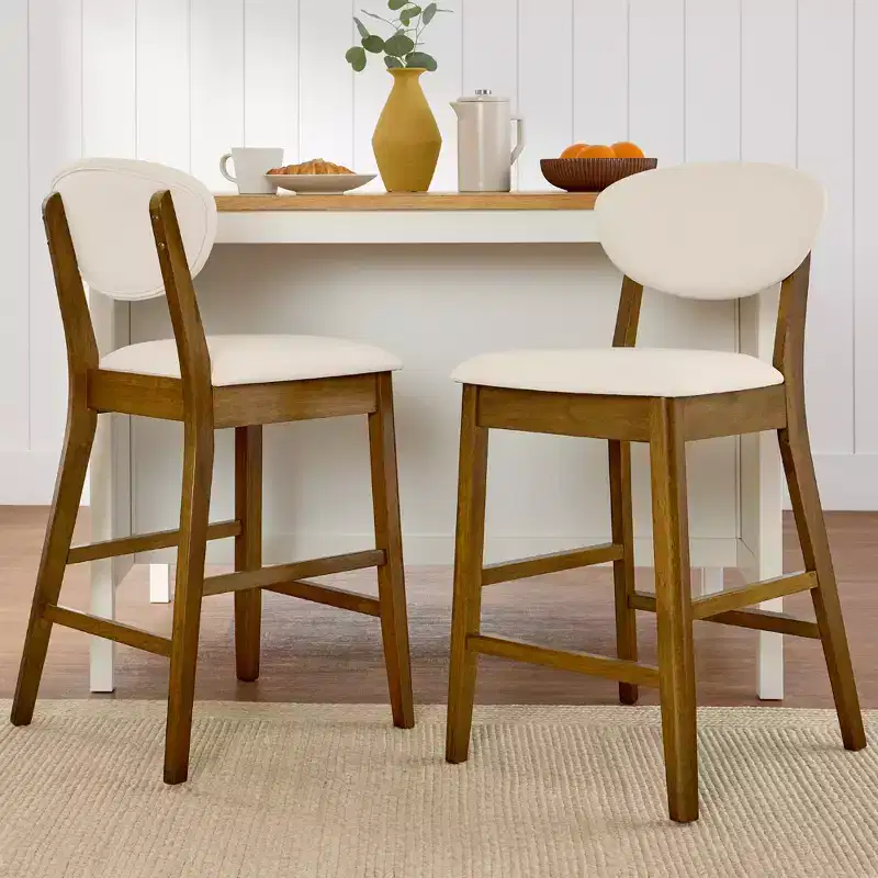 2-Piece Mid-Century Modern Wood and Upholstered Counter Height Bar Stool Set