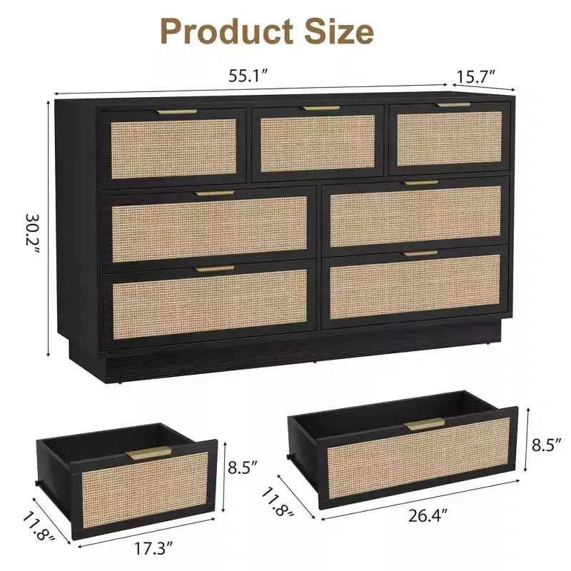 55.1 Inch Wide Rattan 7 Drawer Dresser, 7 Chest of Drawers with Metal Handles and Wooden Sturdy Base for Bedroom Living Room Nursery