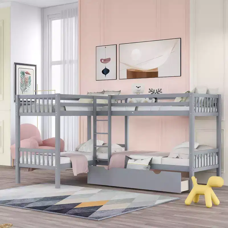 L-Shaped Twin over Twin Bunk Bed with Trundle for 4 Kids, Wood Twin Size Bunk Bed Frame with Drawers