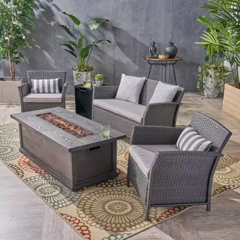 Christopher Knight Home Lucia Outdoor Wicker and Iron 4 Seater Chat Set with Fire Pit